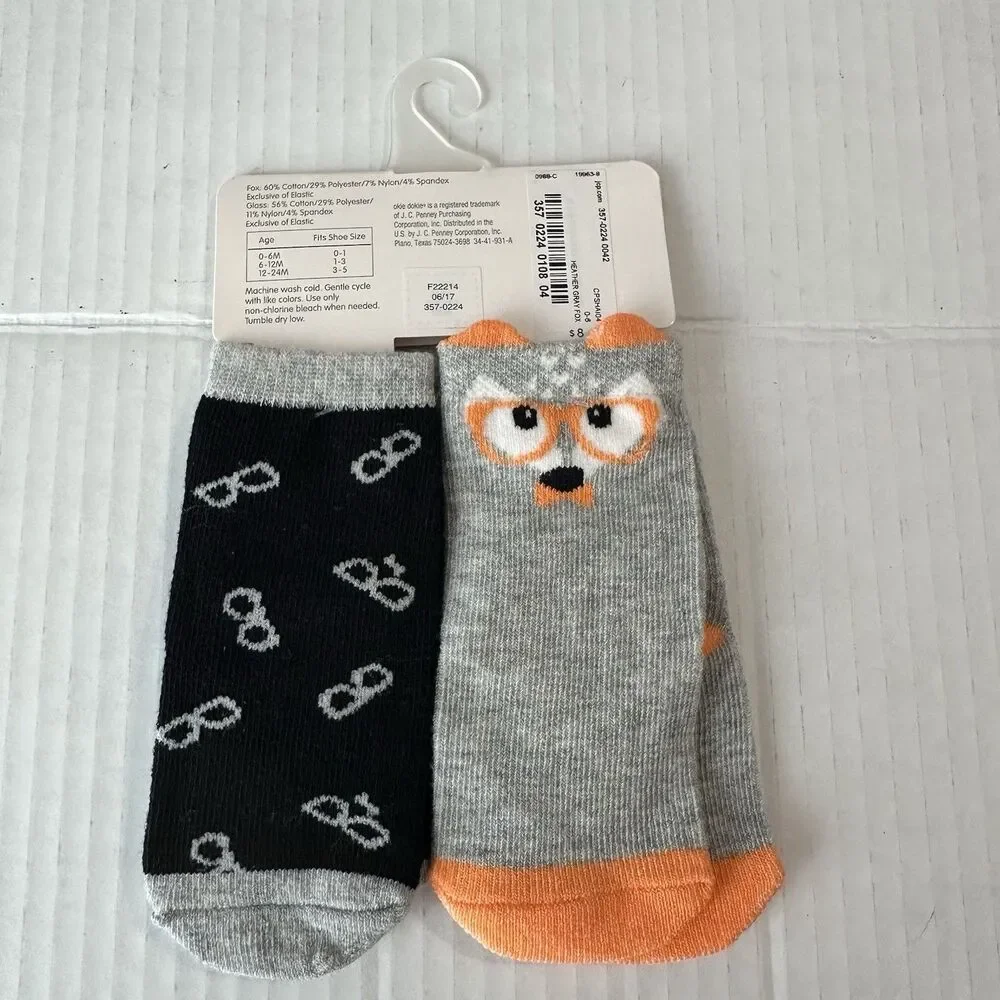 Okie Dokie Baby Socks 2-Pair Fox & Eyeglasses 0-6 Months Shoe Sz 0-1 Gray Orange